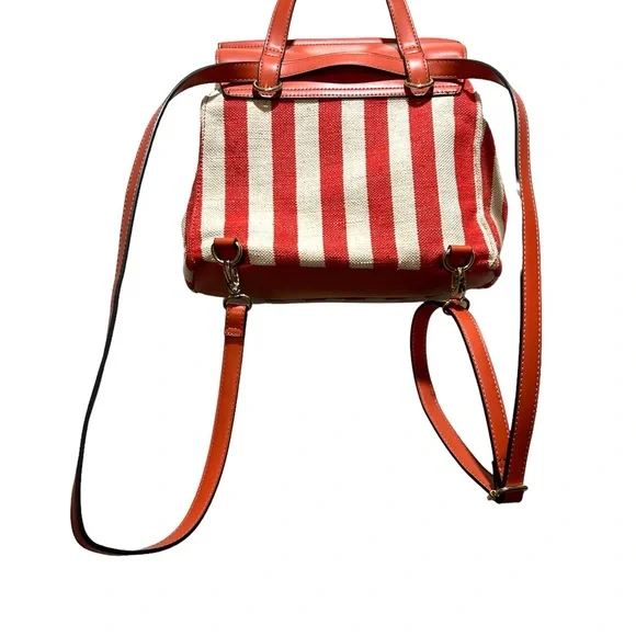 Nanette Lepore Linen Vegan Leather Backpack Red White Classic Preppy Academia - Picture 3 of 6
